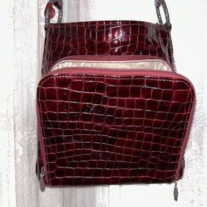 BRIGHTON-BURGUNDY PATENT LEATHER ALL PURCHASE SHOULDER BAG 9.5 X 9.5